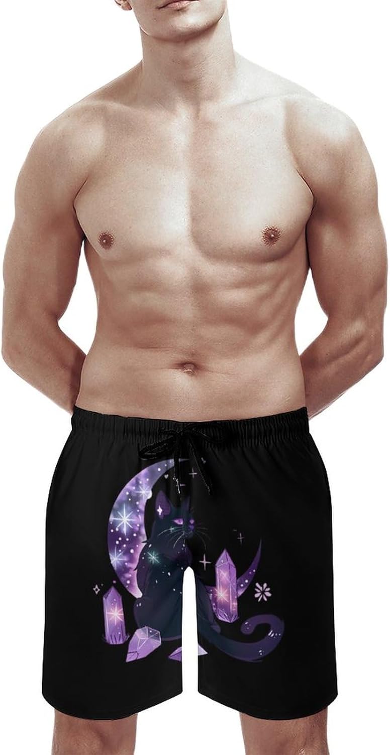 Moon Crystal Witchy Cute Black Cat Casual Men's Swim Trunks Novelty Summer Beach Shorts Swimwear with Pocket