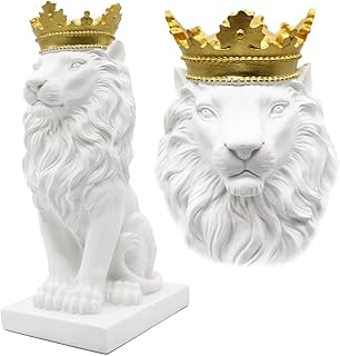 H&W 15''H Crown Lion King Statue, Nordic Style Home and Study Decoration, Collectible Figurines, Best Gift for The Man, White (HH16-D2)