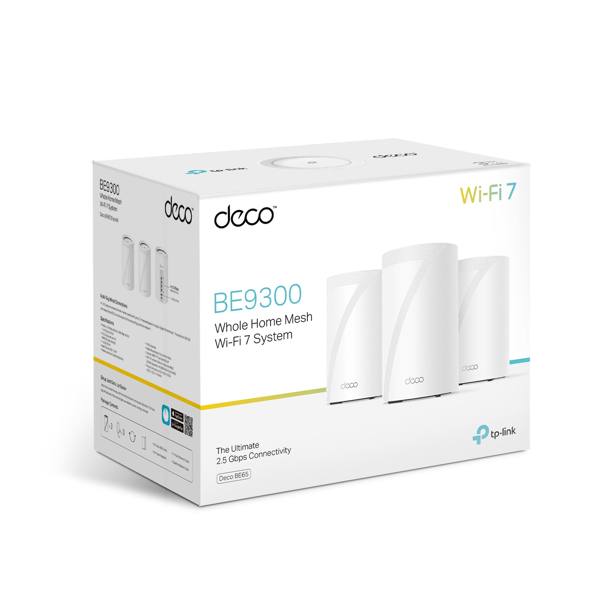 TP-Link Deco BE65 Wi-Fi 7 Mesh WLAN Set(3 Pack), Tri-Band 5760 Mbit/s (6 GHz) + 2880 Mbit/s (5 GHz) + 574 Mbit/s (2,4 GHz), 6 Streams, 4× 2,5G Ports, 1× USB 3.0