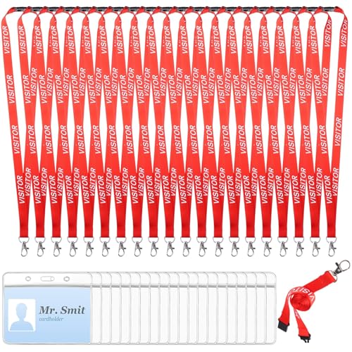 20 Pieces Red Visitor Lanyards with 20 ID Card Holders Safely Separate Visitors Lanyard Volunteer Lanyard Red Lanyards Quick-Release Neck Straps for Events Workplaces Volunteers
