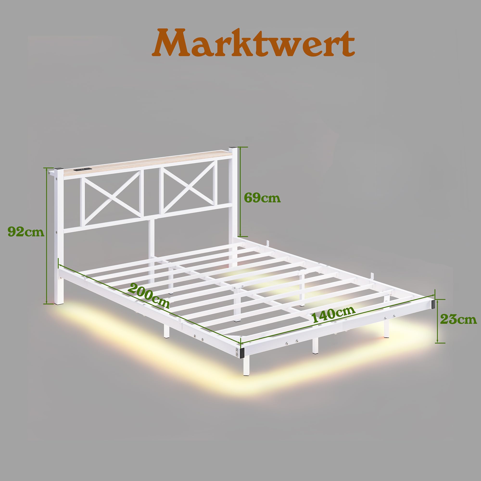 Bett 140x200 mit LED Beleuchtung und Ladestation(1 AC-Steckdosen, 2 USB-Anschlüsse) Schwebendes Bettgestell Metallbett mit Kopfteil und Stauraum, Doppelbett mit Metal Lattenrost, Weiß