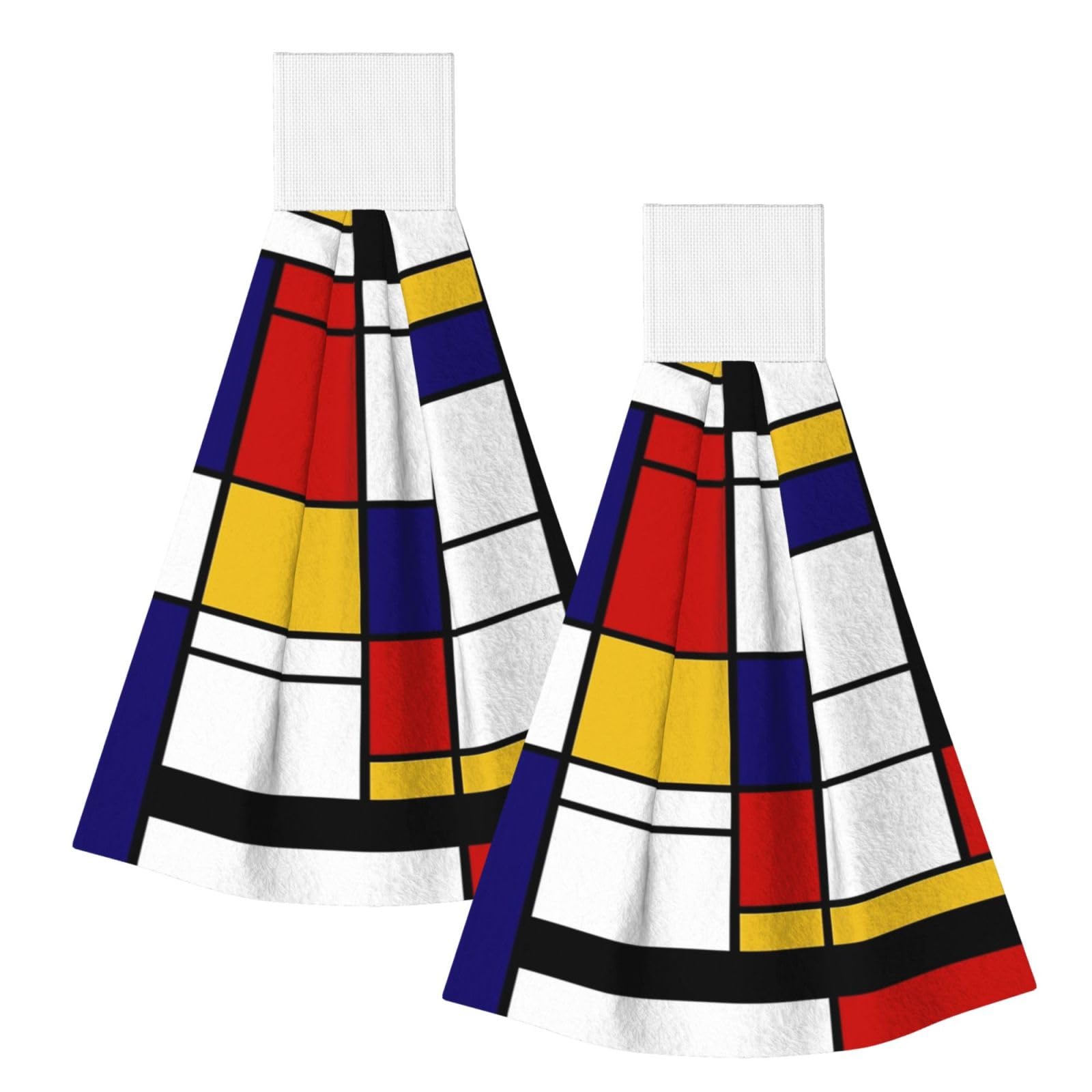 DOPKLNA Artistic Mondrian Style Color Composition Red, 2 Pcs Hanging Coral Fiber Hand Towels for Bathroom, Absorbent Kitchen Towels