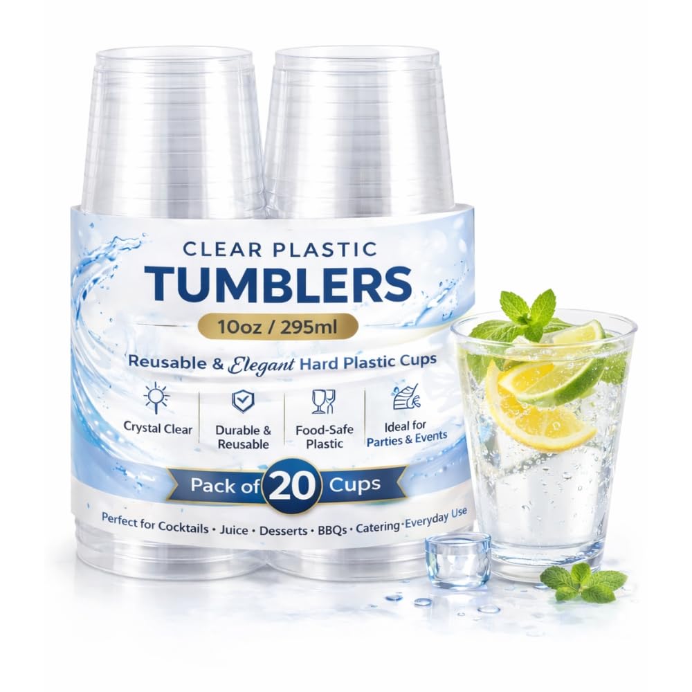 eMKay® Pack of 20 – 10oz Clear Plastic Tumblers | Reusable Hard Plastic Cups for Cocktails, Juice & Desserts | Elegant Party Drinkware for Events, BBQs & Catering