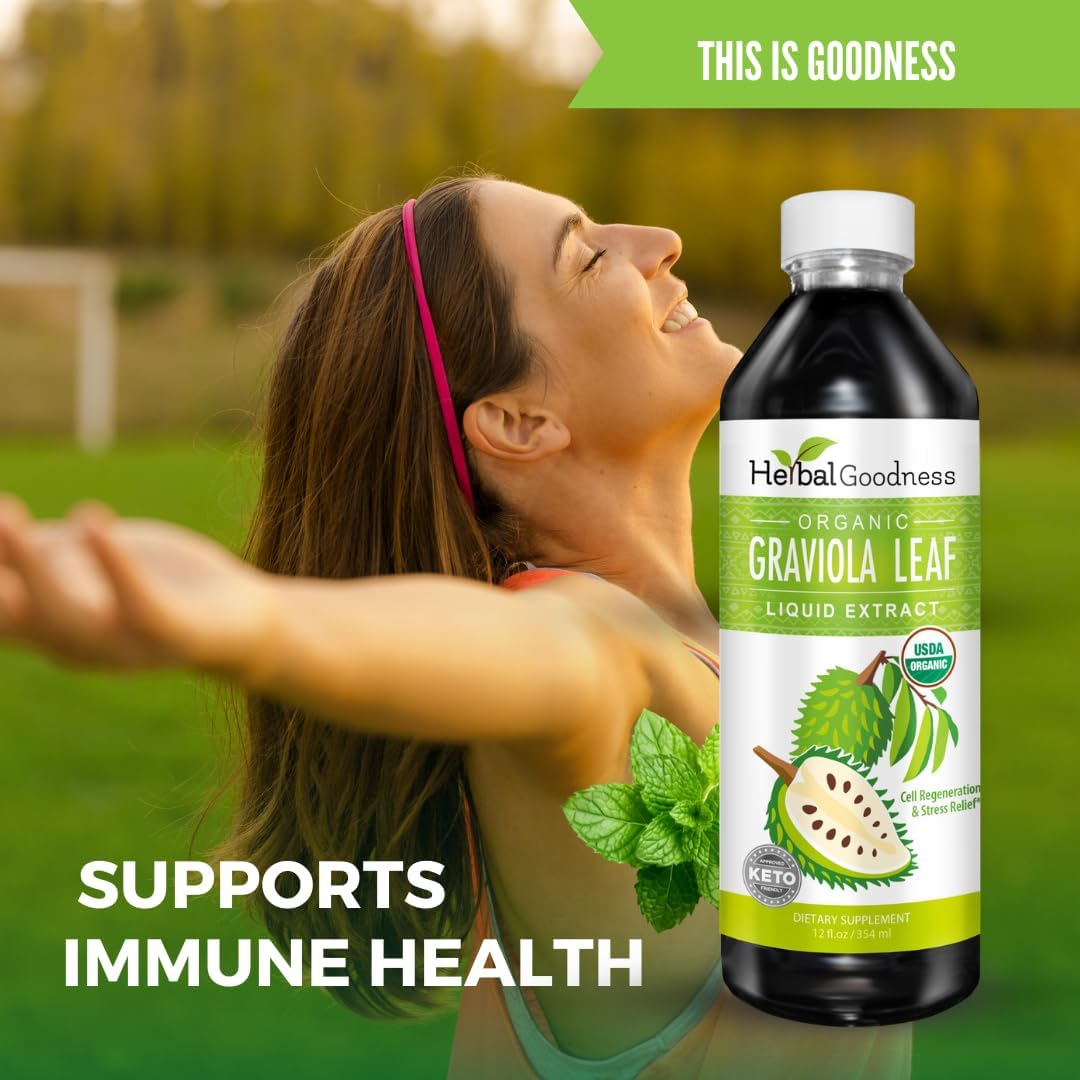 Herbal Goodness Soursop Graviola Liquid Drops 12 Fl Oz - 15X Strength Organic Guanábana Soursop Leaves Extract for Gut Health, Cell & Immune Support Serene Soursop Drops - Vegan, Non-GMO, Made in USA