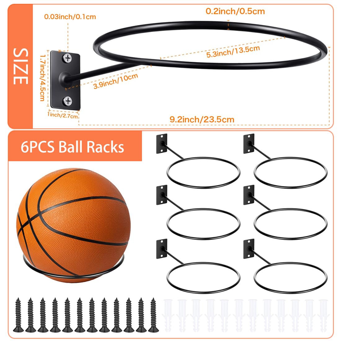 HONGECB 6 Supporti da Parete per Pallacanestro, Mensole Porta Palloni in Metallo con Viti, Portapalle Sportivo Universale, Porta Palloni da Muro per Pallacanestro, Calcio, Calcio, Pallavolo, Rugby