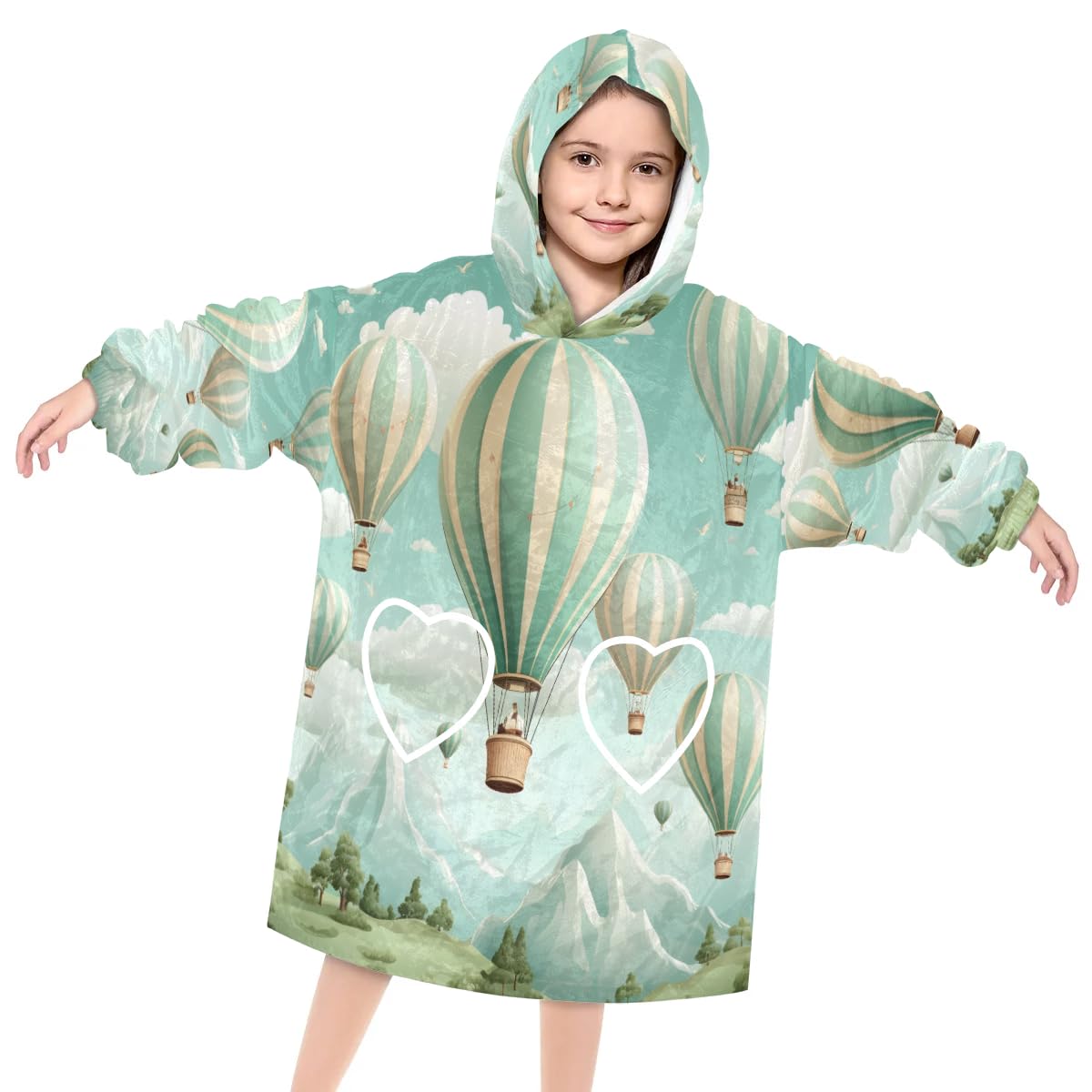 Kids Blanket Hoodie Hot Air Balloon Wearable Blanket Hoodie Oversized Hooded Blanket, Sweatshirt Blanket with Pockets Soft Warm Kids Hooded Blanket for Girls, Boys