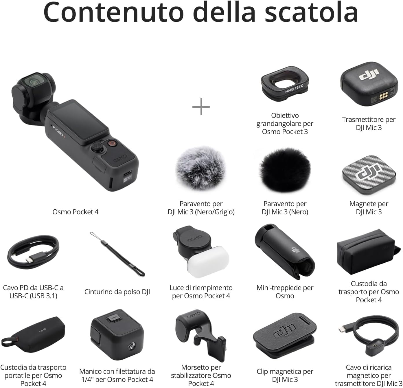 DJI Osmo Pocket 4 Combo Creator Bundle, stabilizzazione a tre assi, Trasmettitore Mic 3, CMOS da 1″ e 4K/240fps, zoom senza perdita 2×, fotocamera stabilizzata tascabile per vlog(Custodia protettiva)