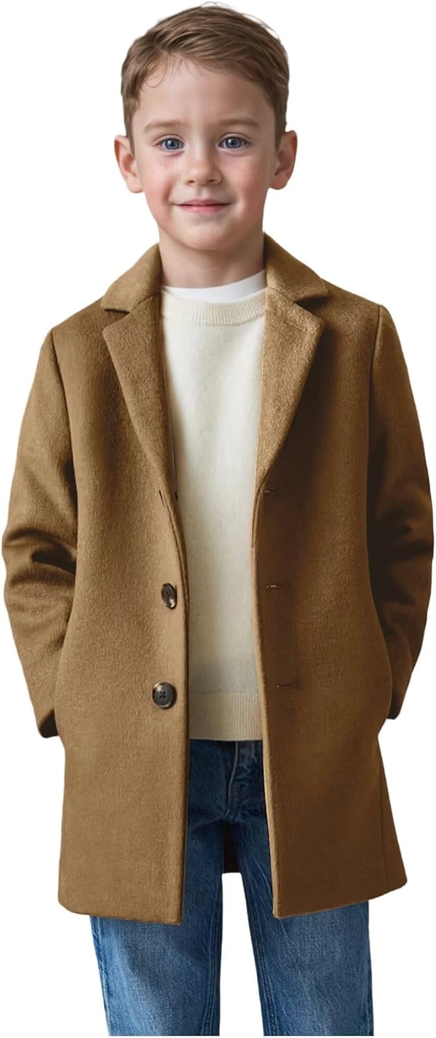 ORBITRAY 2-14 Years Wool Blended Notch Lapel Coat Thighs Length for Boys Fall Coat Winter Dinner Dress Coat