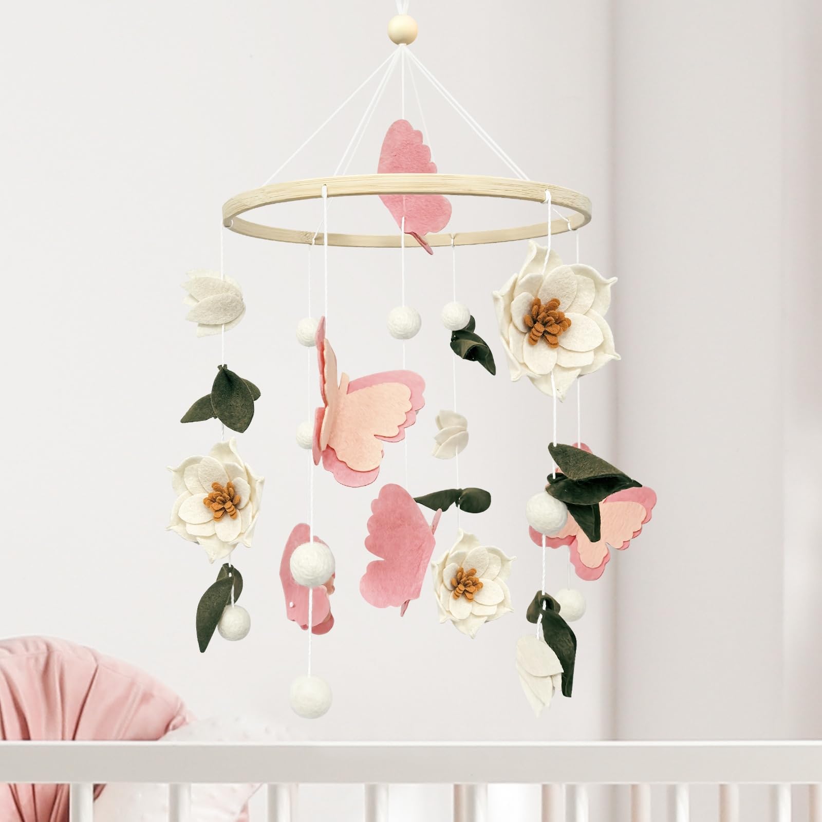 Móvil de bebé para cuna, flores y mariposas, móvil de cuna para niñas y niños, hecho a mano, decoración floral para habitación de bebé, decoración bohemia para habitación de bebé, regalo