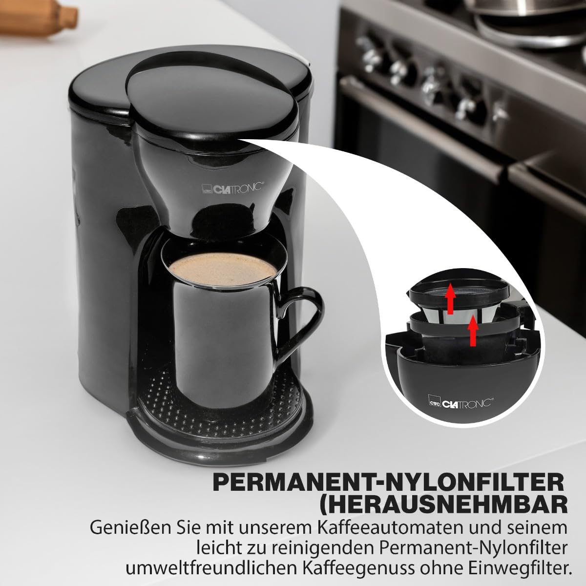 Clatronic KA3356 Ekspres Do Kawy Z Kubkiem Ceramicznym, ‎300 W, Czarny