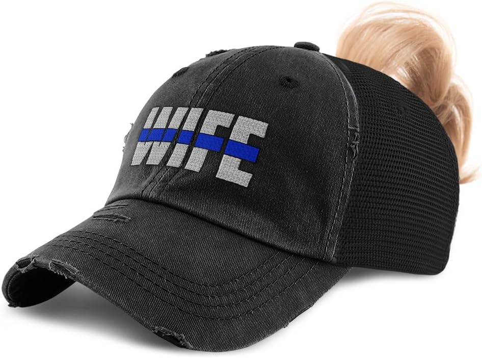Speedy Pros Ponytail Cap Women's Baseball Cap Embroidered Wife Thin Blue Line Flag Embroidery Cotton
