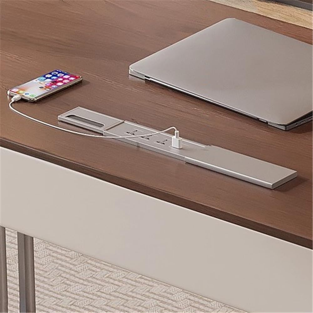 Proste nowoczesne biurko do nauki w kolorze orzechowym z 2 szufladami do przechowywania, domowe biuro, laptop, PC, biurko z gniazdkami ładującymi, pisanie (XL)