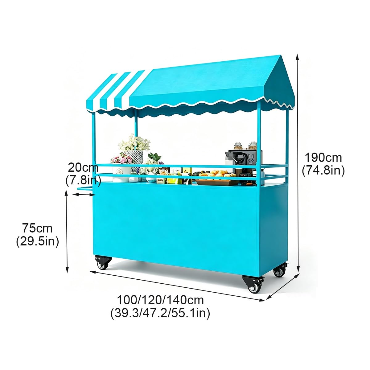 Carro de Venta Ambulante con Toldo, Puesto de Comida Callejera con Ruedas | Puesto de Mercado Carro de Venta con Amplio Espacio de Almacenamiento y Asa para Mercados,Cafeterías(Blue,120cm)