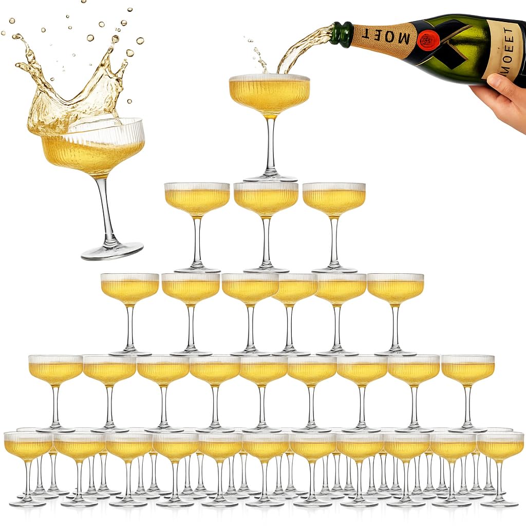 Glass Champagne Tower Set of 20 Crystal Coupes – 7oz Clear Stackable Coupe Glasses for Building Champagne Fountains at Weddings, Parties, Events, & Celebrations – Elegant Toasting Cups for Displays