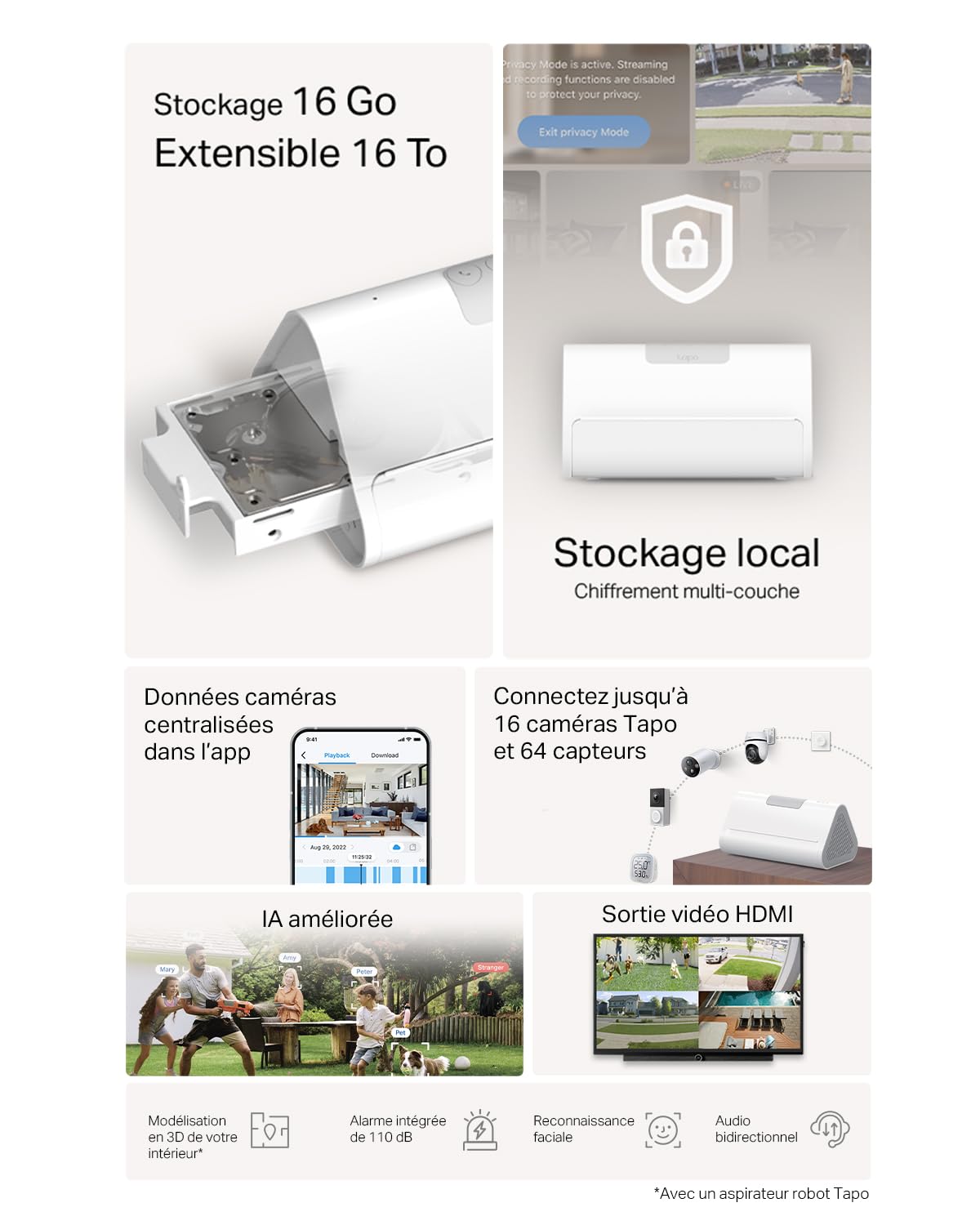 Tapo KIT 4 caméras C410 Caméra de Surveillance extérieure WiFi Solaire 2K 3MP H500 Hub Intelligent pour la Maison