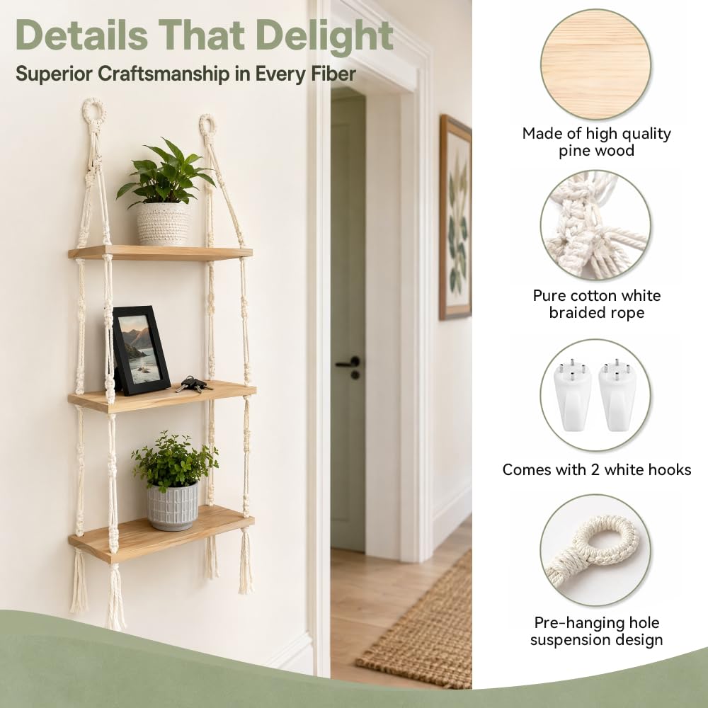 Mensole da Muro Legno, 3 Livello Scaffali di Corda in Legno con 2 Ganci Mensola Sospesa con Corda in Stile Boho Scaffale da Appendere da Parete Decor e Archiviazione per Soggiorno, Bagno