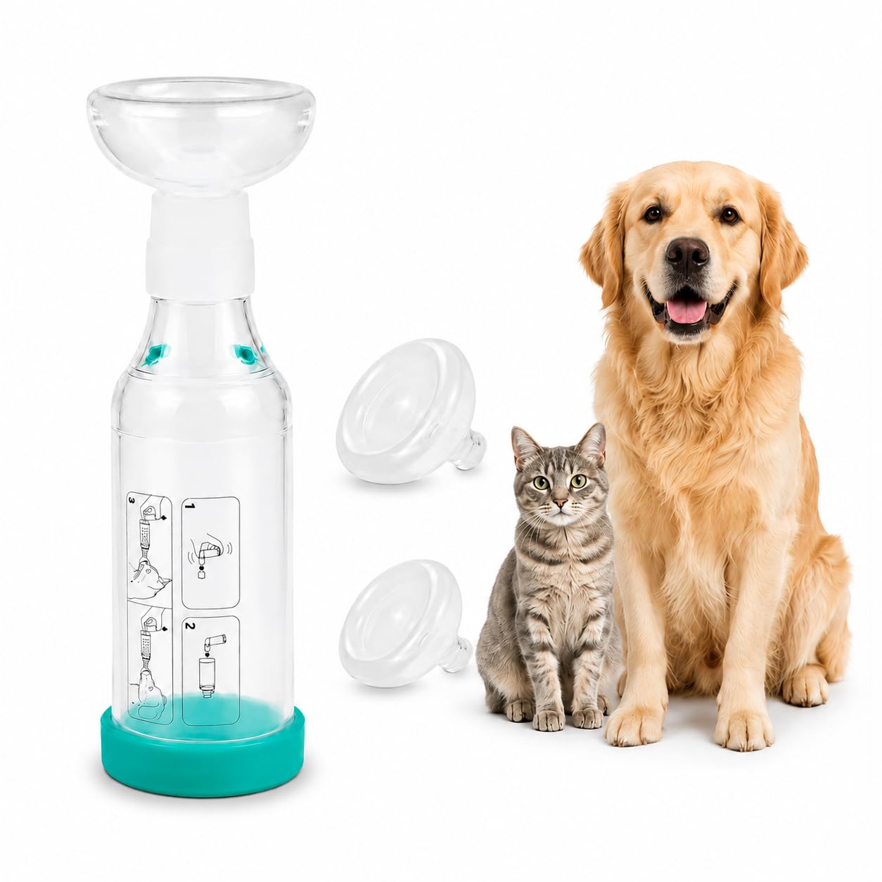 Katzen Inhalator Spacer Aerosolkammer mit 2 Silikonmasken Gruen | Medizinisches Silikon, Antistatische Kammer, Geräuscharmes Design, Zwei Maskengrößen, Sichtbarer Atemindikator