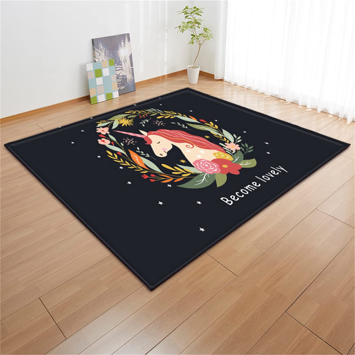 PEIHUODAN Pink Unicorn Rug Play Floor Mats For Kids Cartoon Rainbow Horse Flowers Stars Girls Kids Bedroom Rug Anti-Slip Large Living Room Rug Nursery Rug Baby Crawling Mat Soft (Colour5,80 x 160 cm)