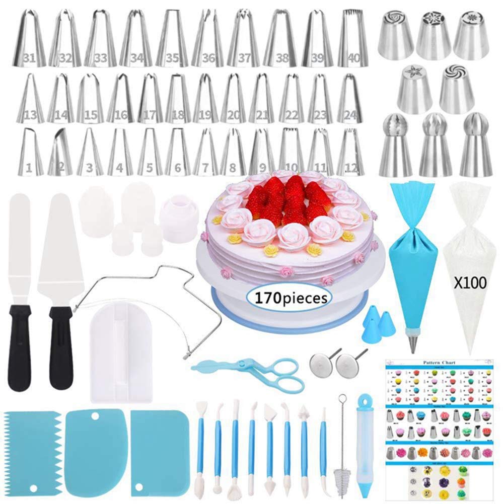 170pcs Cake Decorating Tools Kits Cupcake Fondant Baking Supplies Anti-Slip Turntable, Stainless Steel Icing Nozzles Mouth for Home