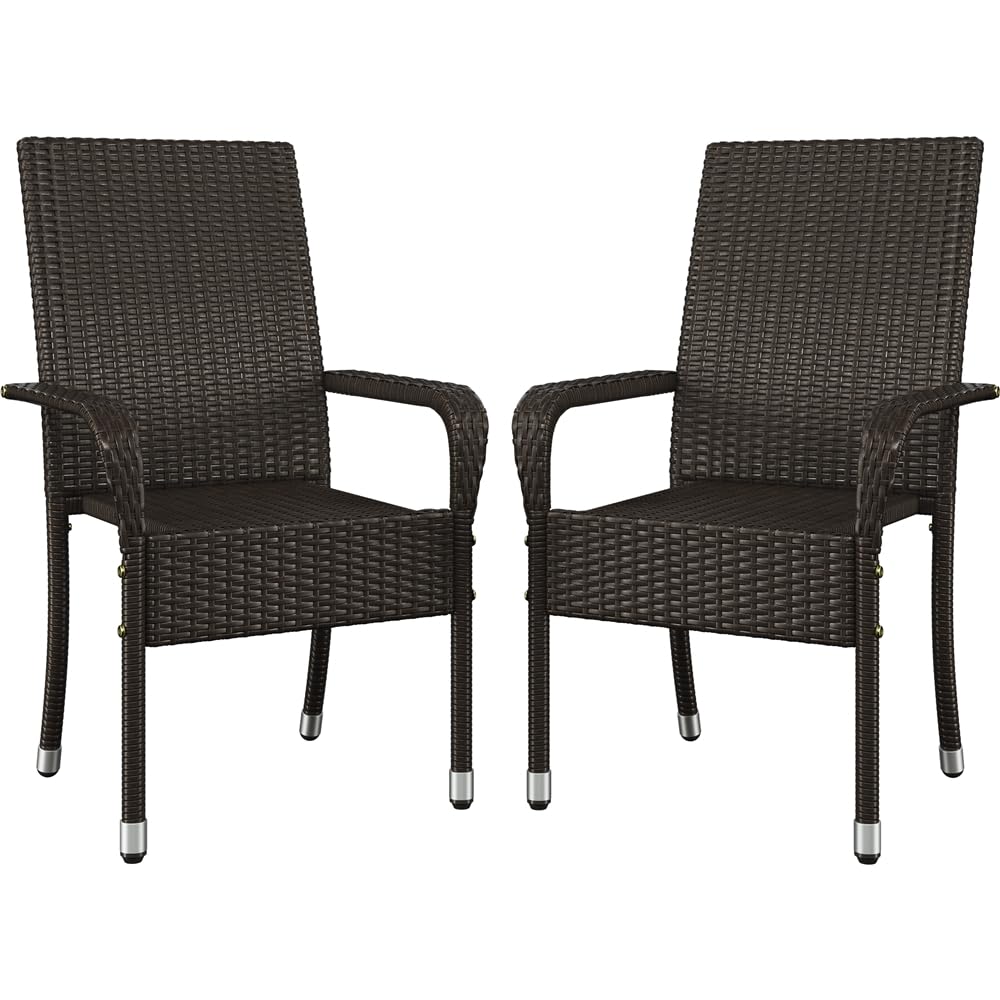 Yaheetech 2er Set Polyrattan Gartenstühle Stapelbar, Rattanstühle Stapelstuhl mit Armlehnen & Rückenlehne, Rattan Stuhl Balkonstuhl mit Verstellbaren Schutzfüßen für Garten Balkon Terrasse, Braun