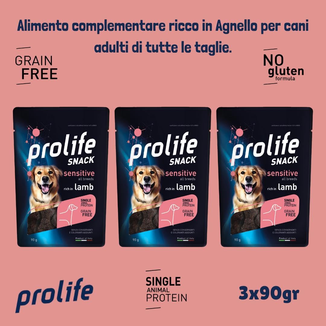 Prolife Snack Cane Adult Sensitive gusto AGNELLO, snack per cani adulti di tutte le taglie senza conservanti e senza cereali, grainfree, monoproteico | 3 bustine da 90 grammi l’una.