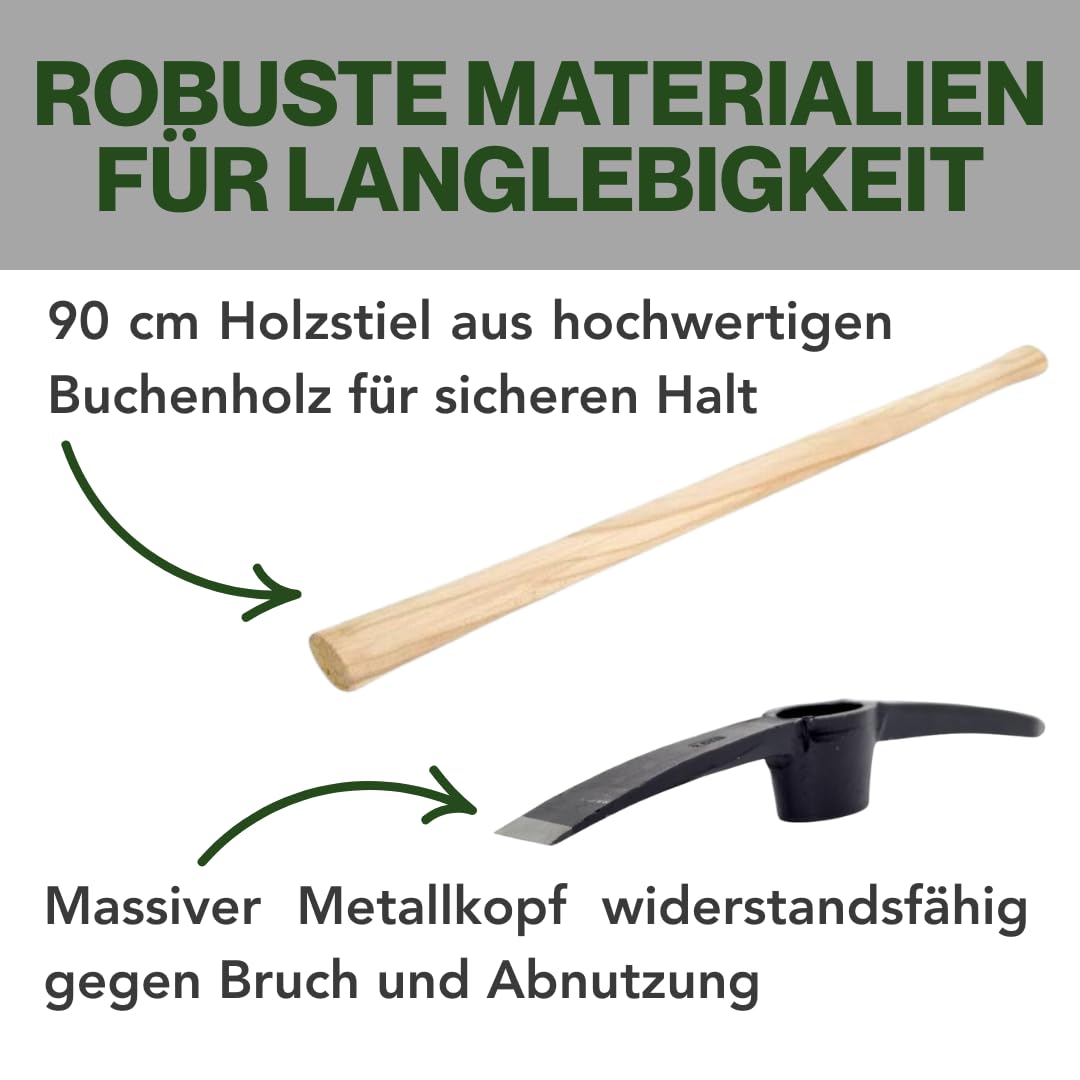 Pioche de 1,5 kg - Pioche avec manche en bois - Pioche robuste pour le jardin et les travaux de construction - Poids : 1500 g - Production européenne