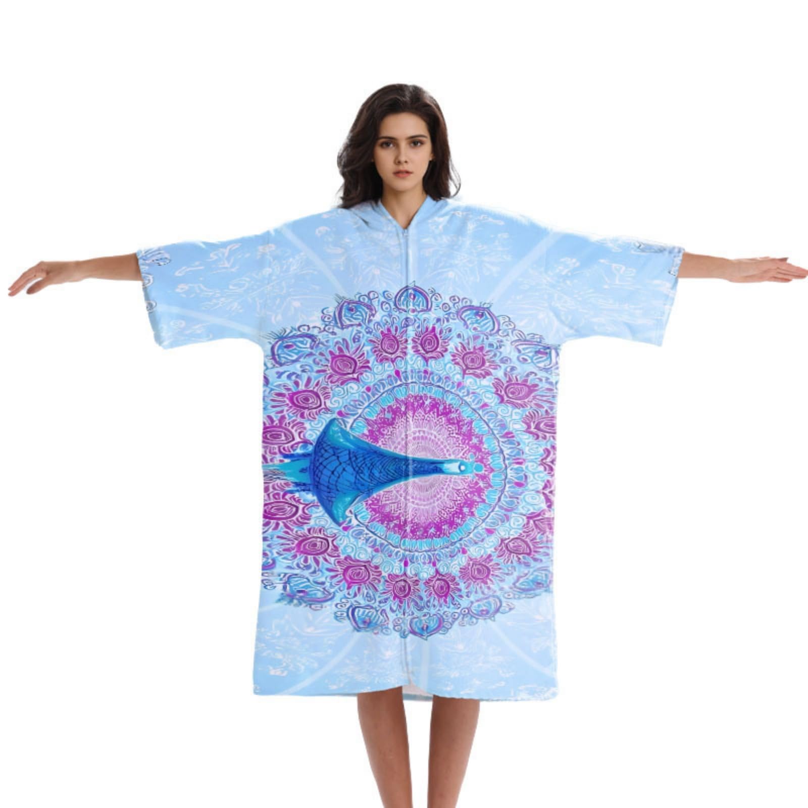 Treer Hooded Towel Poncho Adult, Changing Robe Towel Women Mens Beach Poncho with Hood and Zip Changing Robe Beach Quick Dry Microfibre for Swimming Surfing (Mandala,75 * 110cm)