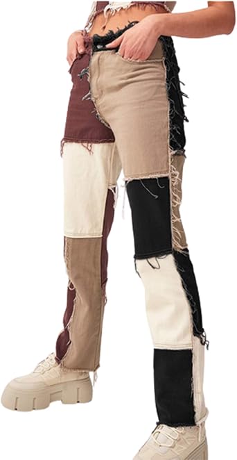 Womens Patchwork Jeans High Waist 