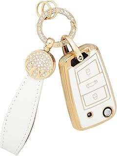 BLINGOOSE Car Key Case for VW Golf 7 MK7 Tiguan T ROC Cross Polo Touran Taigo Accessories 3-Button Car Key Case Protection Glitter Key Ring TPU Girly Women White Gold