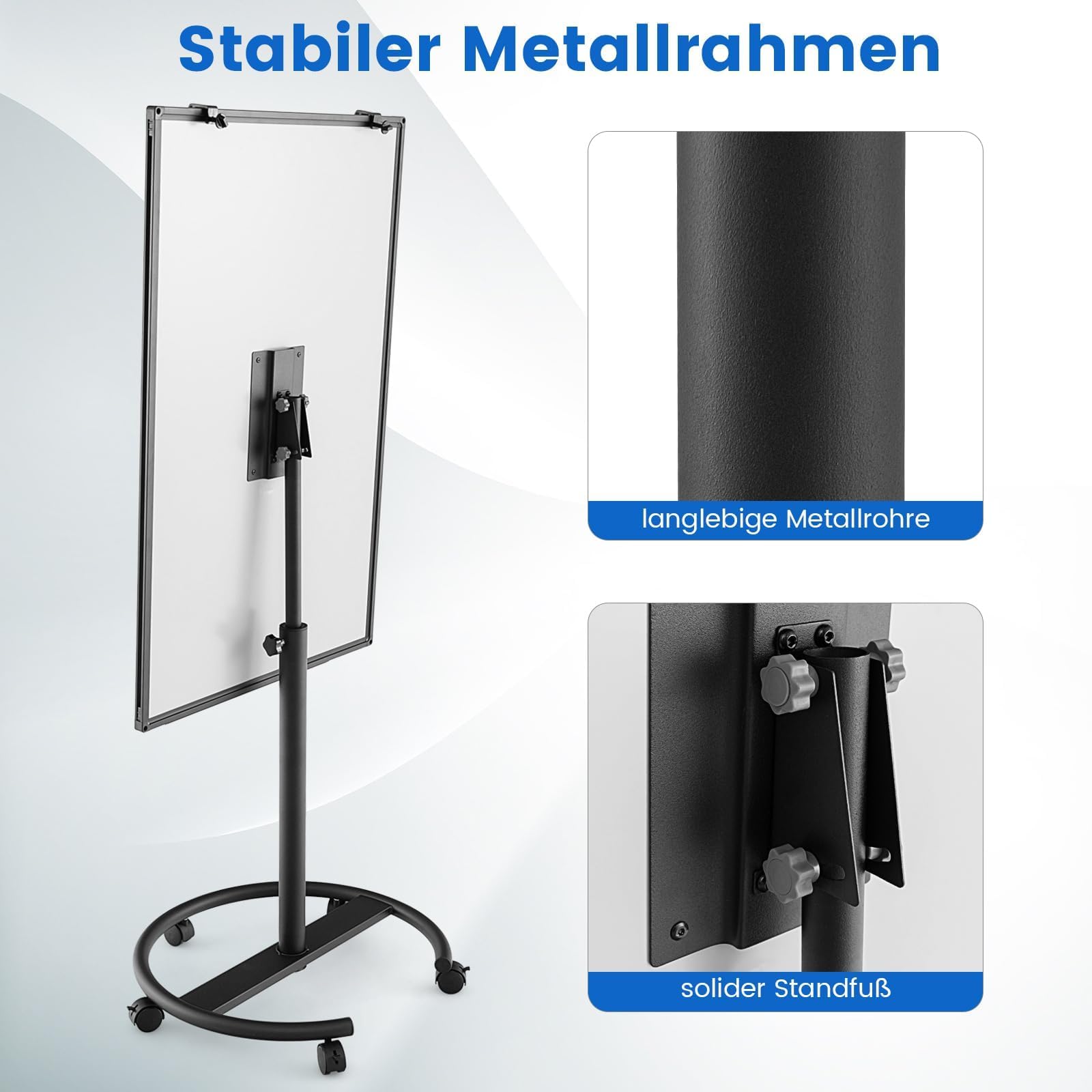 FANTASK mobiles Whiteboard, 100x65cm, Flip Chart auf Rollen, trocken abwischbar, höhenverstellbar bis 192cm, magnetisch, Flipchart Ständer mit Markern, Magneten, rundem Ständer & Radierer