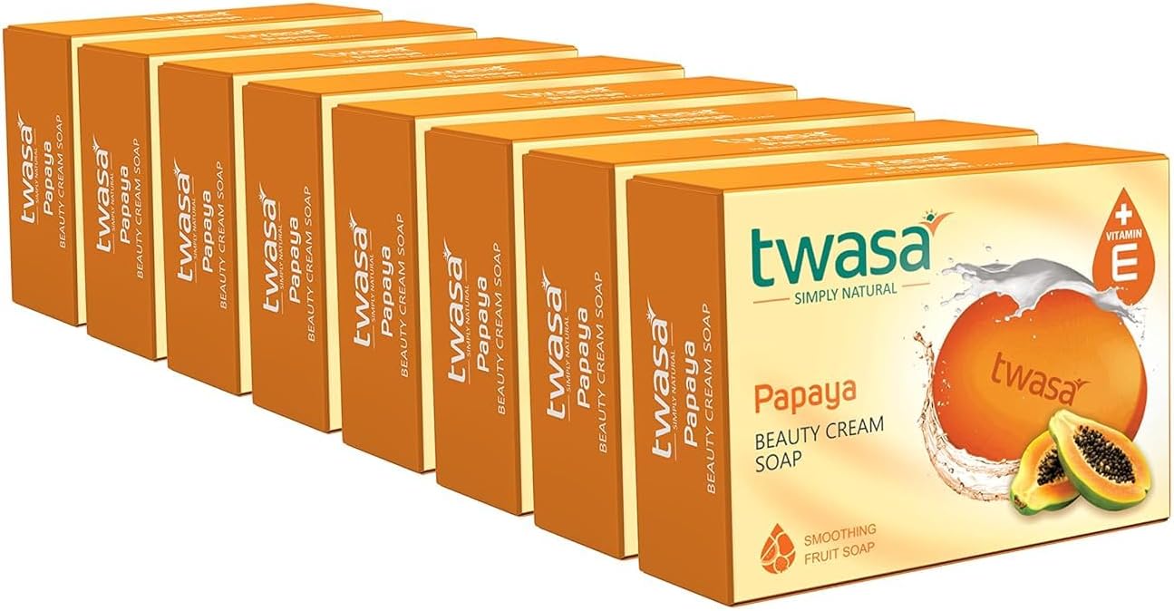 Twasa Papaya Soap for Bright, Radiant & Glowing Skin | Skin Whitening Soap For Dark Spot & Acne Removal | TFM 76% Grade Bath Soap | Body Tan Removal Soap | Paraben Free | Pack of 8, 75gm