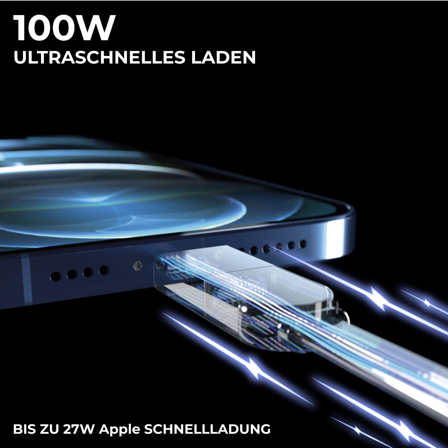 Rolling Square inCharge XL 200 cm - USB-C-Kabel, Universal-Smartphone-Kabel, Geschenk für Männer, 6-in-1-Universalladegerät für Smartphones, Schwarz, Lightning-Kabel 100 W, Multipack 3x