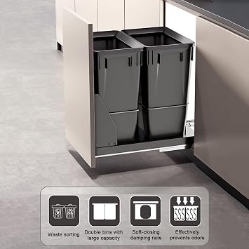 Pull Out Kitchen Trash Can Cabi Soft-Close System Sliding Under Sink Trash Can with Damper 38x47.5x46cm - Space Saving and Easy Access Design