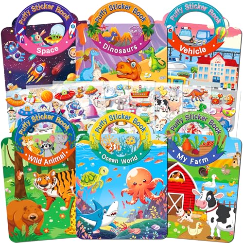 Elfew 6 Pezzi Libro Adesivi Attacca e Stacca Bambini 2 3 4 5 6 Anni, 3D Riutilizzabile Stickers, Libri Stickers Adesivi Bambin, Giochi da Viaggio, Regali per Feste, Regalo per Bambini e Bambine