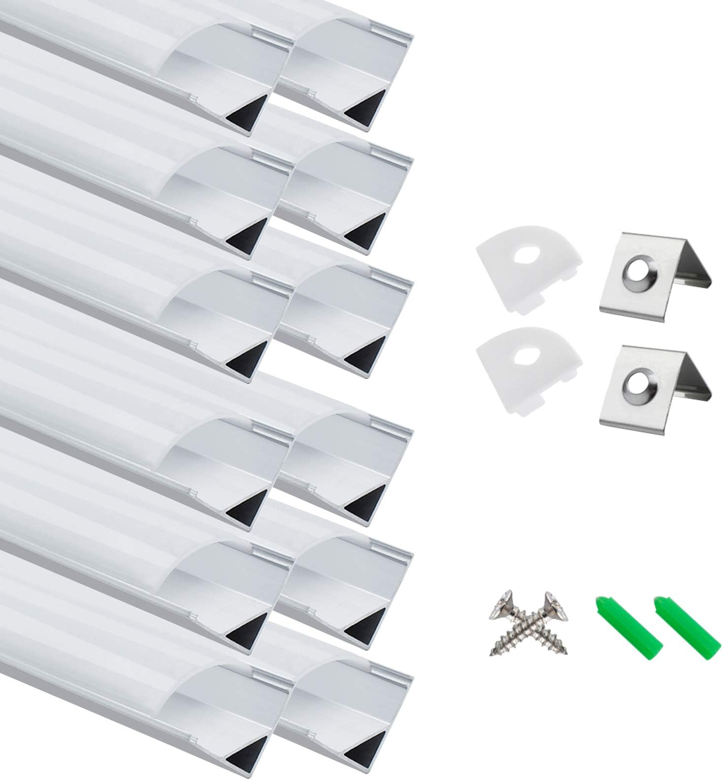 12-Pack LED Aluminum Profile, LED Aluminum Channel 3.3ft/1Meter Silver V-Shape LED Diffuser With Milky White Cover, End Caps and Mounting Clips Aluminum Extrusion For LED Strip Lights V02