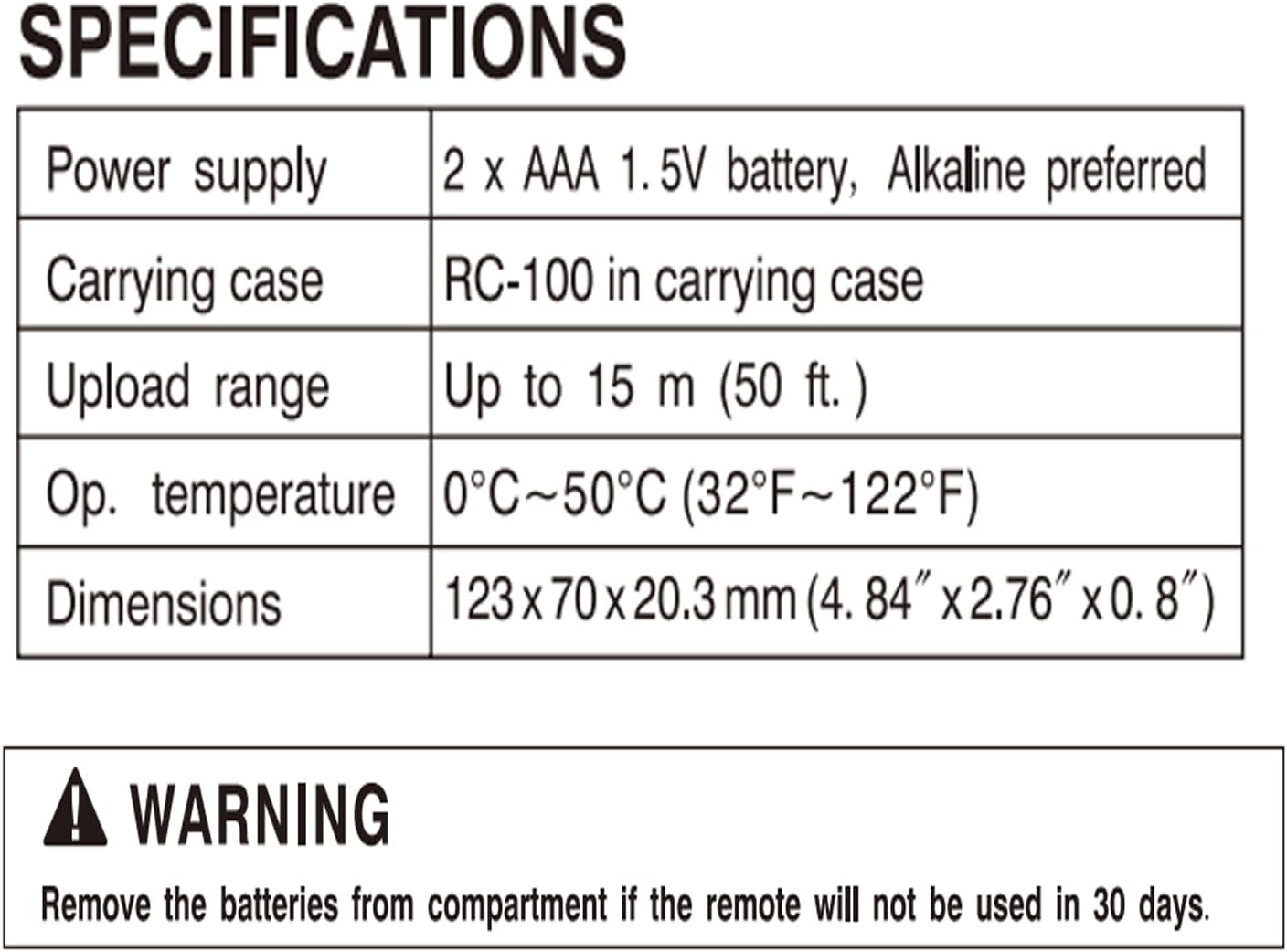 Sokply RC-100 Sensor Remote Programmer specifications table