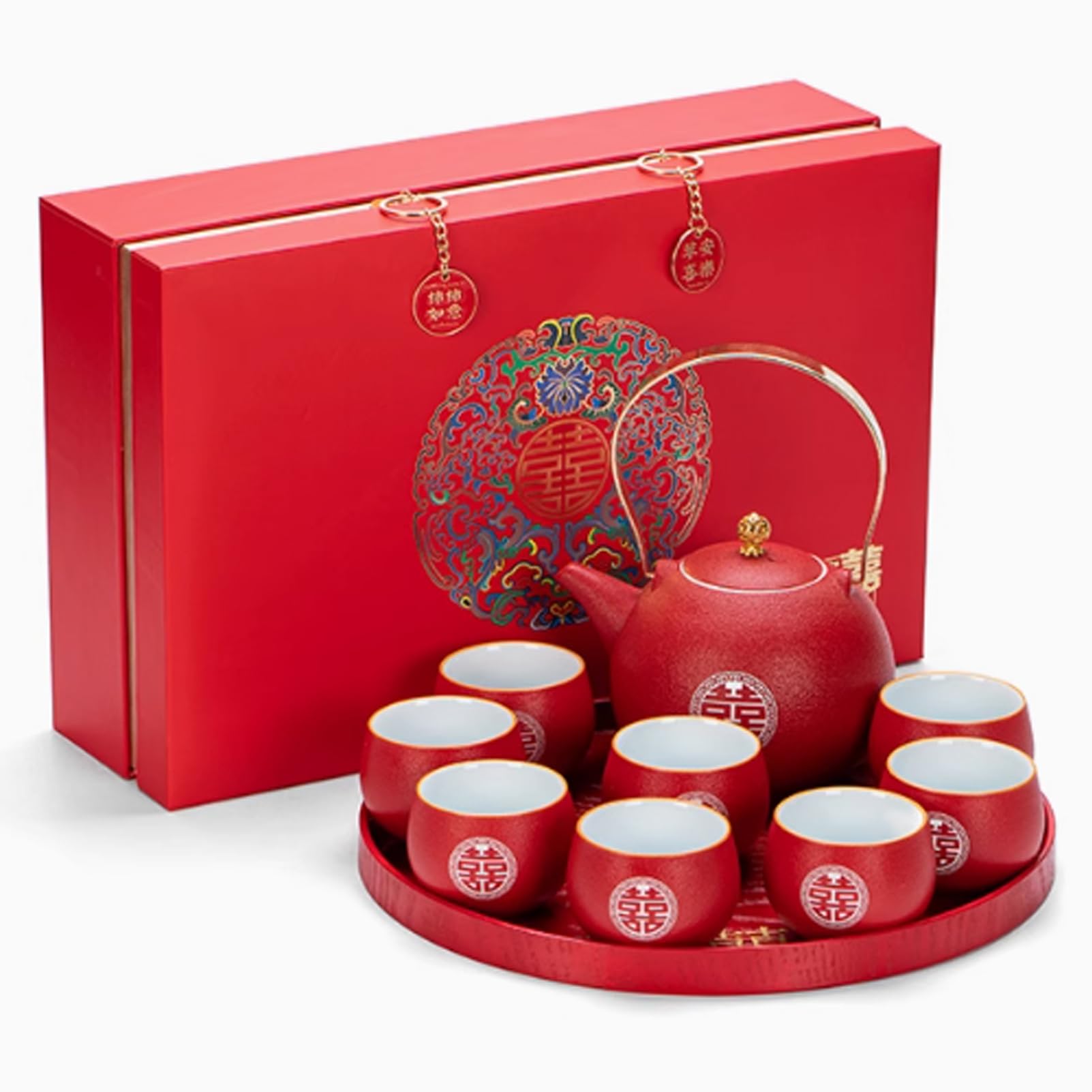 Service à thé de mariage traditionnel chinois comprenant théière, 8 tasses et plateau