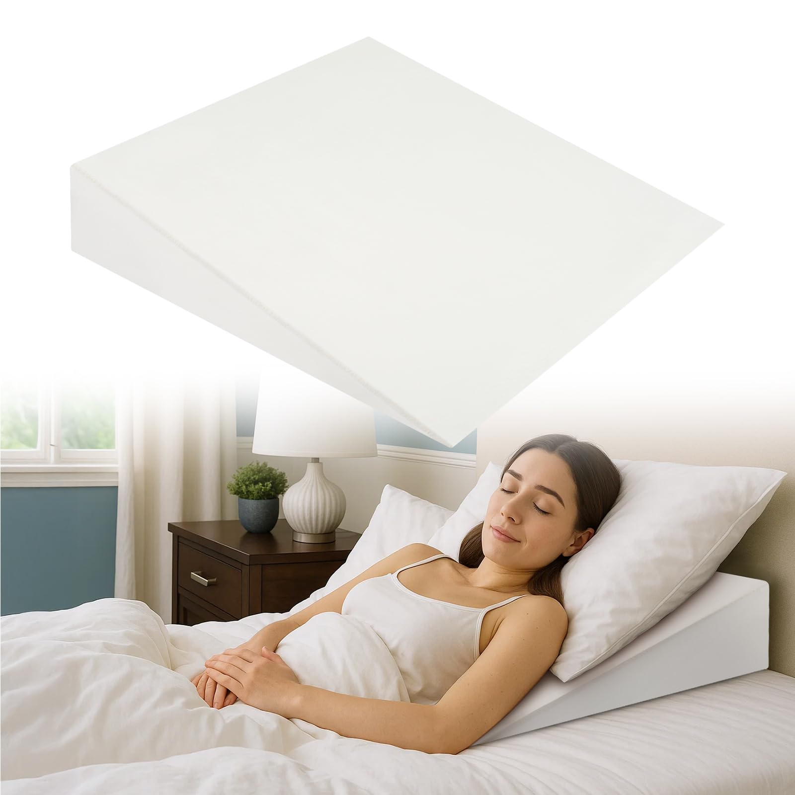GREENSAPPIRE Wedge Cushion for Bed and Sofa – Memory Foam Back Support Pillow, Reading Cushion, Inclined Bed Pillow for Neck, Shoulder & Upper Back Relief (White, 65cm)