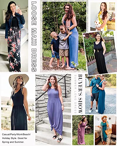 Auselily Women Sleeveless Loose Print Floral Pleated Casual Long Maxi Dresses With Pockets (L, Black Green) #TOP1