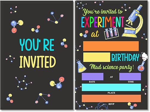 Lindas invitaciones de cumpleaños con temática de ciencia con sobres, juego de 20 invitaciones para fiesta de ciencia loca experimentos