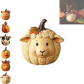 Farm Animal Pumpkin Figurines, Cute Resin Cow Duck Sheep Pig Chicken Horse Pumpkin Statue, Fall Centerpieces for Tables, Autumn Farmhouse, Home Decor, Halloween Thanksgiving Fall Decorations (White)