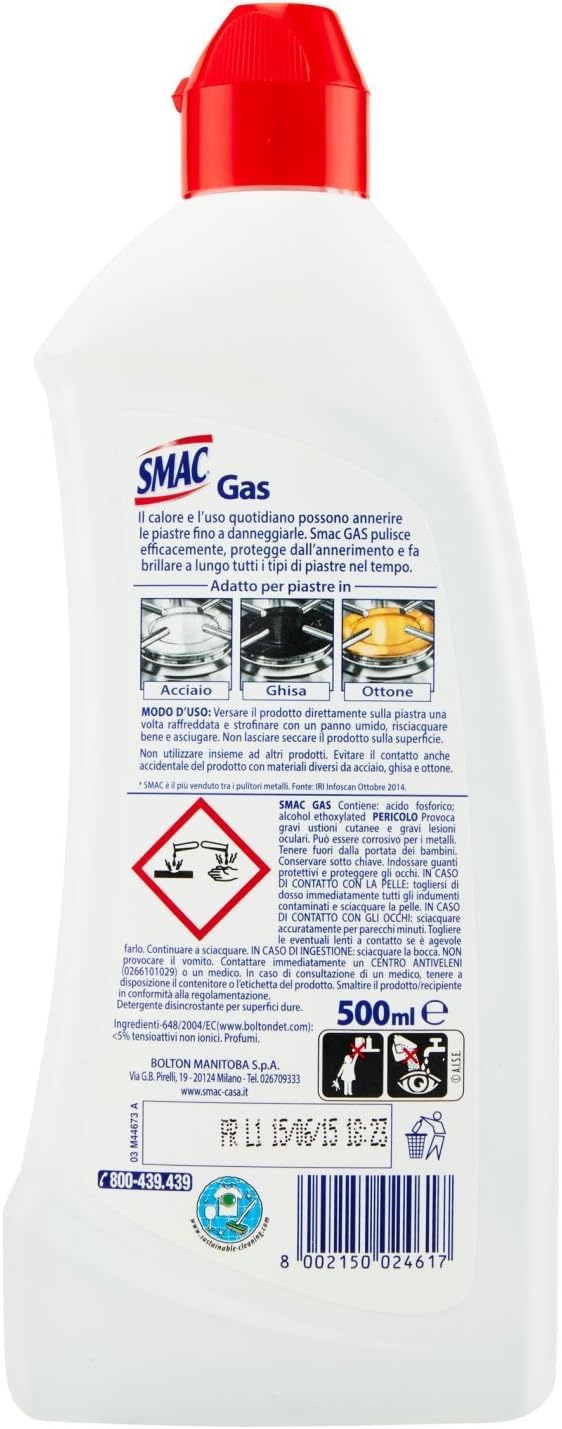 6 x Smac Gas – Detergente speciale per fornelli a gas e superfici di cottura, 500 ml + portachiavi Italy Shop Service in omaggio