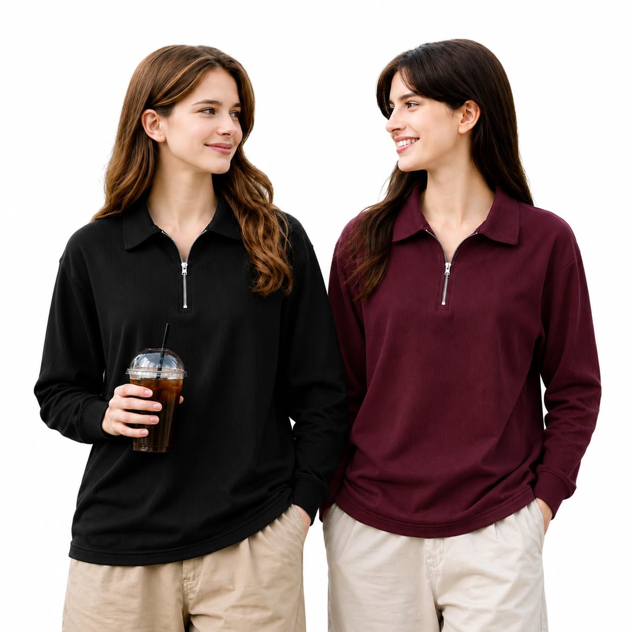 Women's Regular Fit Ribbed Half Zip Polo T-Shirt | Cotton Blend | Full Sleeve Casual Collar Neck Top (Pack of 2)-MN-472-picture-47