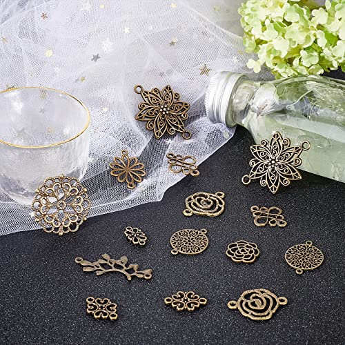 SUNNYCLUE 1 Box 60Pcs 10 Styles Flower Connector Charm Antique Bronze Hollow Filigree Floral Links Alloy Flat Round Leaf Knot Vintage Pendants for Jewelry Making Charms DIY Bracelets Findings - Image 4