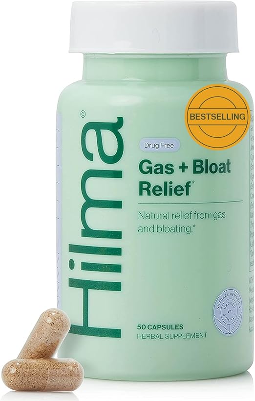 Hilma Natural Gas and Bloating Relief for Women, Doctor Formulated with Organic Ingredients, Lemon Balm, Fennel and Peppermint Leaf, 50 Vegan Capsules