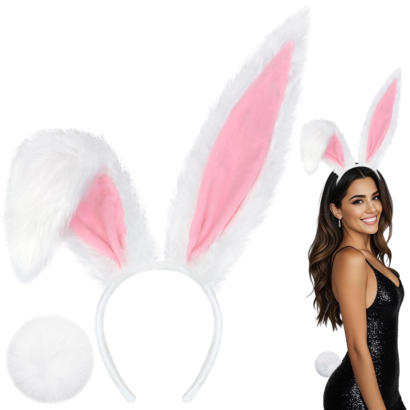 2Pcs Bunny Halloween Costume Set, White Bunny Ears Headband and Bunny Tail