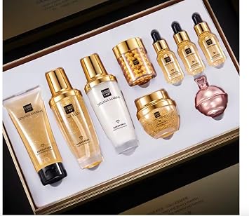 QueenLine 24K Gold 9PCS Face Toner Essence Cream Nicotinamide Anti-Aging Wrinkles Serum Facial Cleanser Kit Skin Care Set With Box