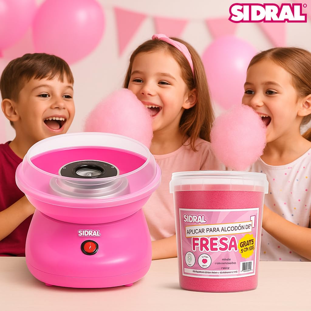 SIDRAL – Máquina para Algodón de Azúcar + 10 Palos + 10 Monodosis Azúcar y Cuchara Medidora de Azúcar, Fácil Uso para Adultos, Maquina Algodón de Azúcar (ROSA)