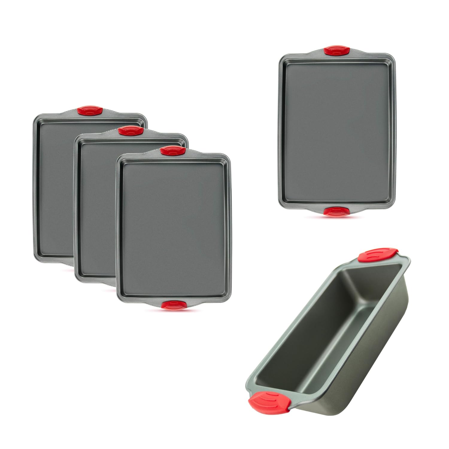 Boxiki KitchenUltimate Non-Stick Bakeware Set: 3-Piece Baking Sheet Tray Set, 11x14 Inch Cookie Sheet, and 8.5 Inch Loaf Pan with Silicone Handles – Durable, Heavy Gauge Carbon Steel