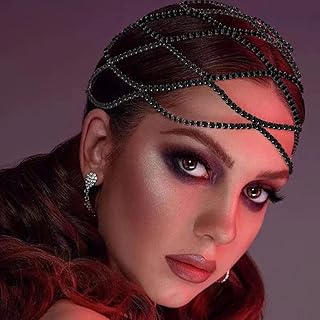 XSBODY 1920s Rhinestone Mesh Cap Headpiece for Women Girls Black Flapper Head Chain Jewelry Gatsby Cleopatra Hair Accessories (Black)